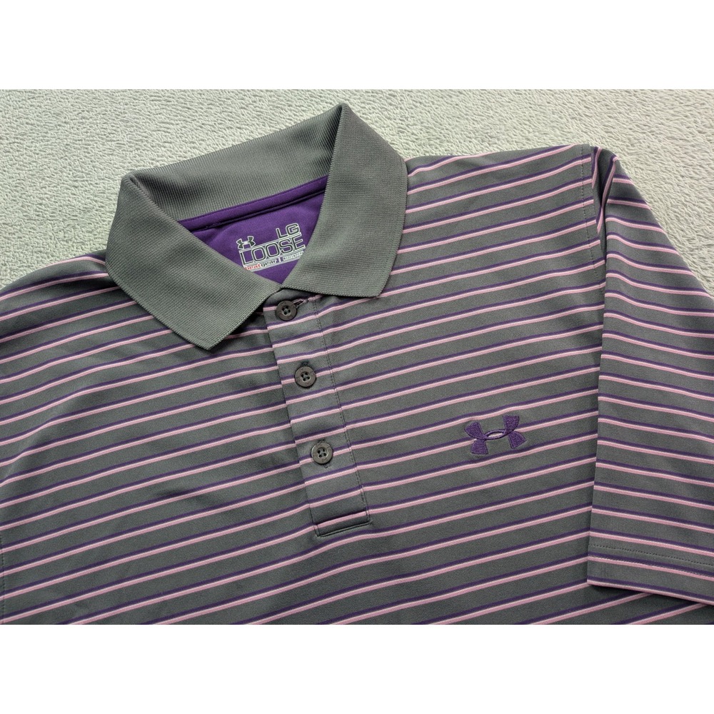 Under Armour Mens HeatGear Loose Fit Striped Polo Shirt Grey Purple LG